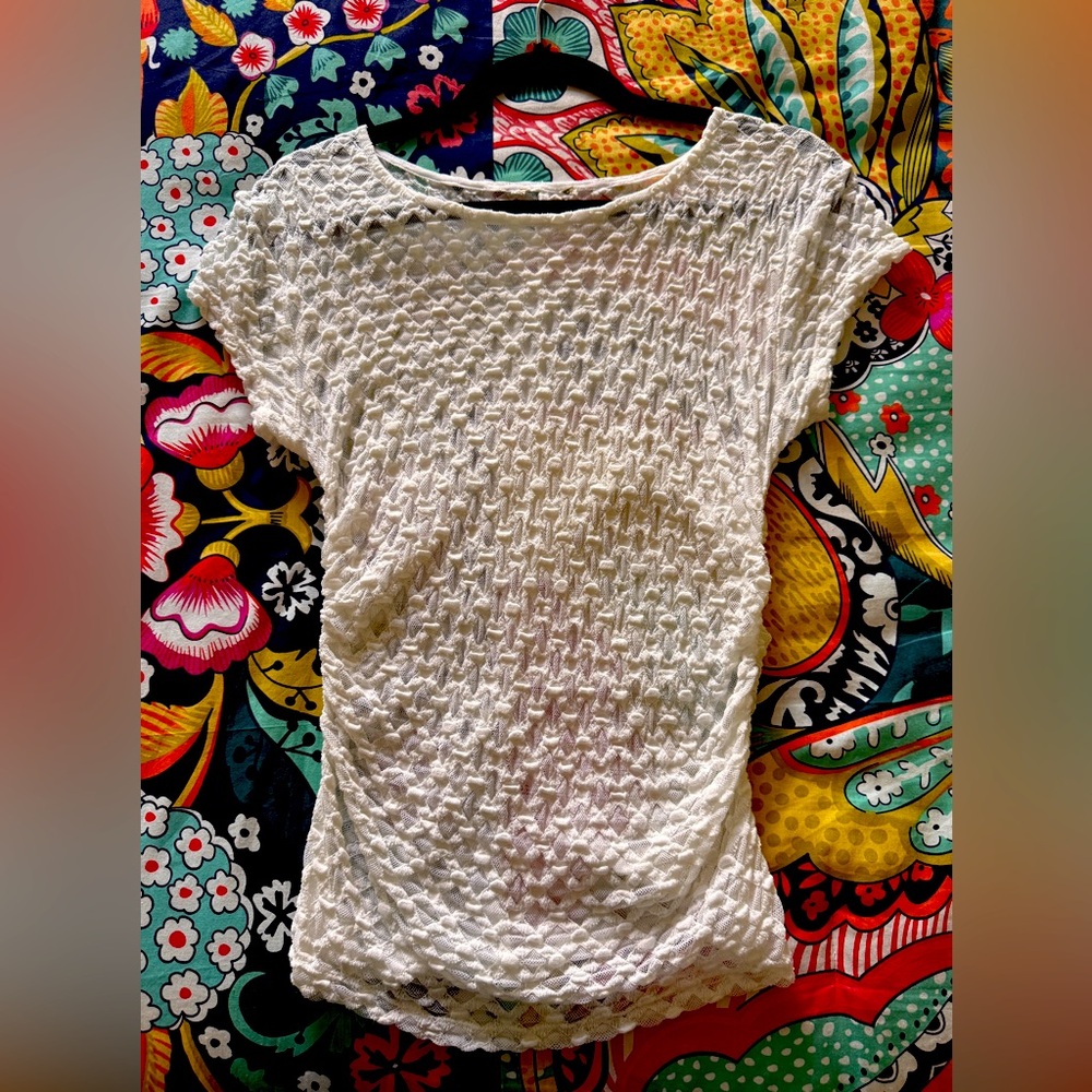 Free People Intimately Keep It Simple White Sheer Ruched Lace Tee/Top, Small